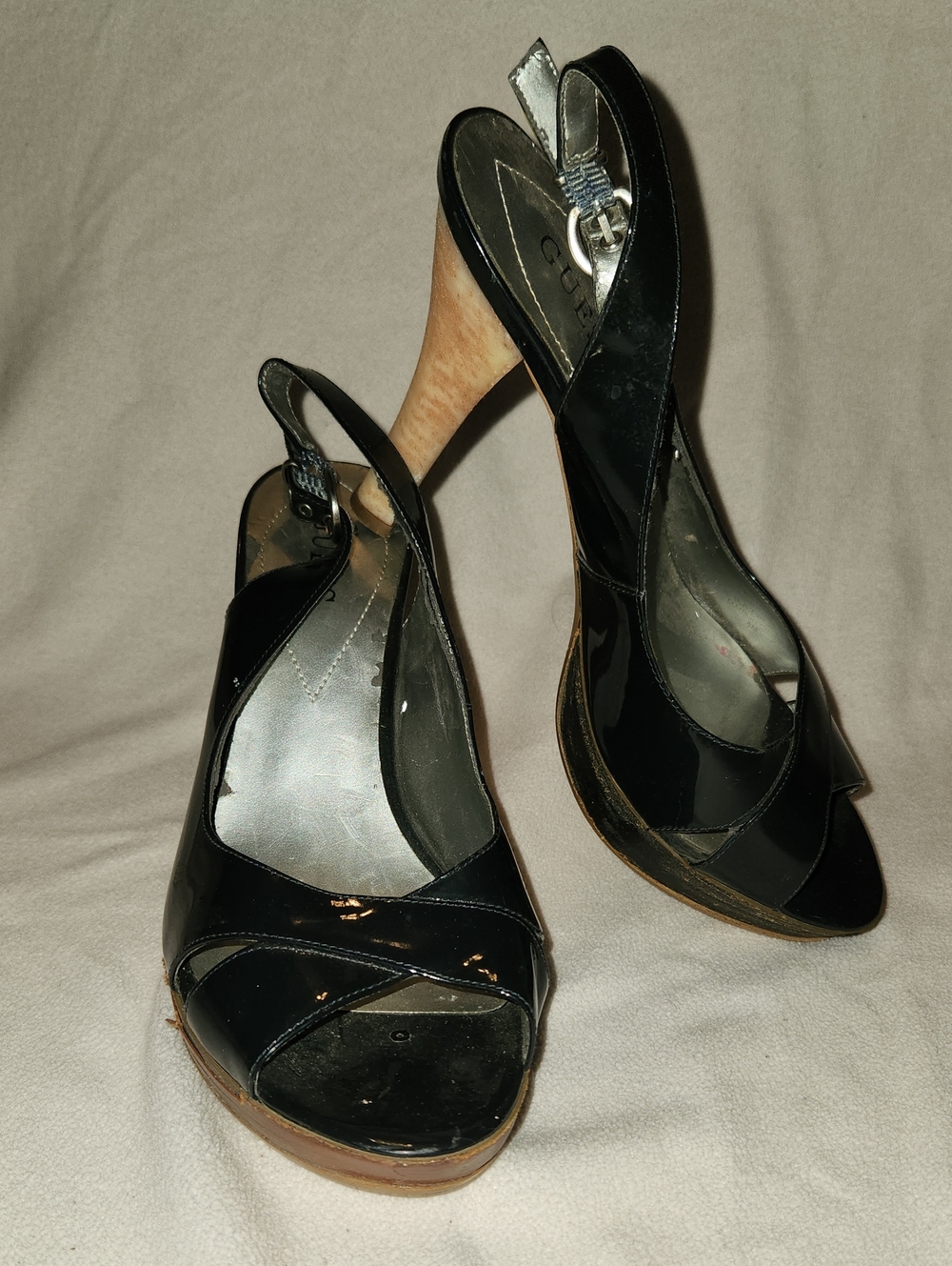 Guess Black Patent Slingback Peep-Toe Heels with Wood-Tone Heel